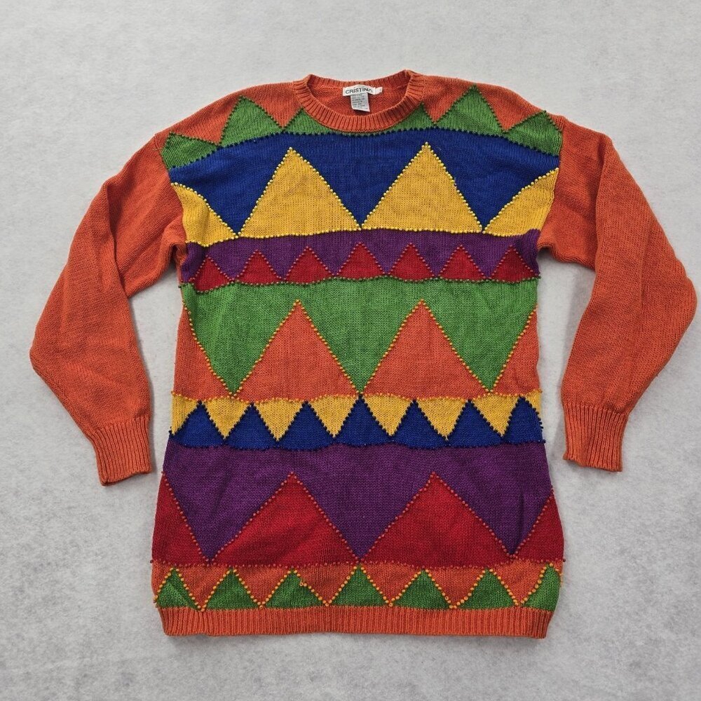 VTG 80s/90s Triangle Sweater Large Beaded Hip Hop Colorblock Bold Zig Zag Artsy